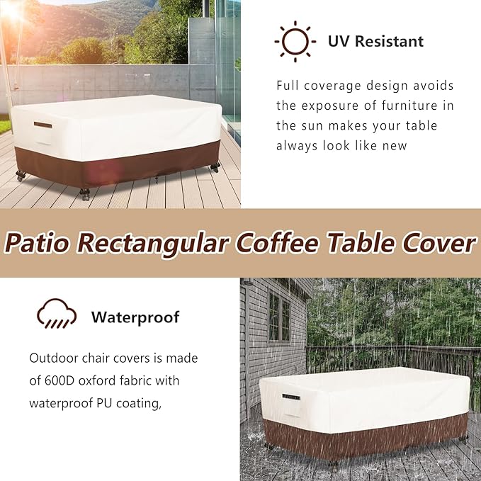 Outdoor Patio Coffee Table Cover, Waterproof Rectangular Patio Side Table Cover,Patio Furniture Covers,42 x 26 x 16 inch,Beige & Brown