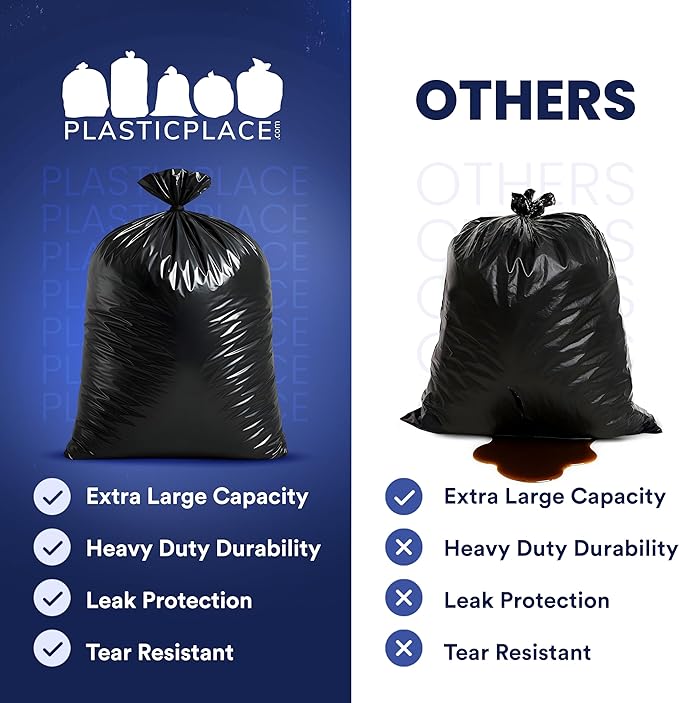 Plasticplace 64-65 Gallon Trash Can Liners for Toter │ 3.0 Mil │ Black Heavy Duty Garbage Bags │ 50” x 60” (25 Count),W65LDBTL3
