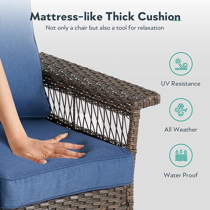 Outdoor Swivel Glider Chairs - 4 Pieces Hollow Widen Armrests Wicker Patio Furniture Set with Ottomans, High Back Outside Swivel Rocker for Balcony Porch Deck and Yard - Brown/Blue