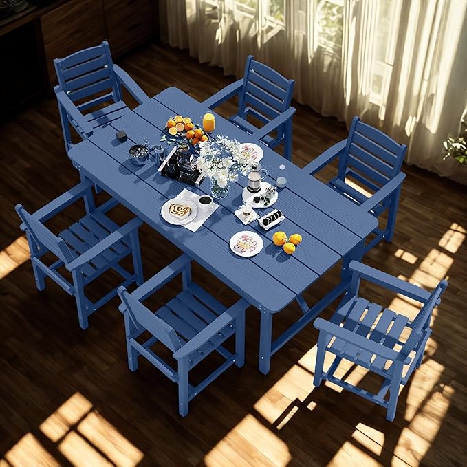 7 Piece Patio Dining Set with 11ft Patio Umbrella (Teal), 7 Navy Outdoor HDPE Dining Set with 6 Chairs + 1 Large Table, for Market, Pool, Garden, Backyard, Deck