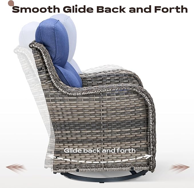 Wicker Outdoor Patio Furniture Sets - 6 Piece Patio Conversation Set with Swivel Rocker Chairs, Ottomans, Sofa and Side Table, 6 inch Cushions, Waterproof Wicker, for Porch Deck Mixed Grey/Blue