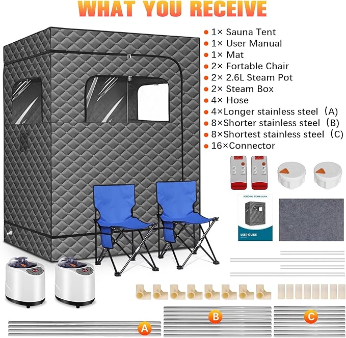 2 Person Portable Steam Sauna for Home, Extra Large Sauna Box for Relaxation, Detoxification, 2 Steamer, 2 Foldable Chair & Remote Control, Grey