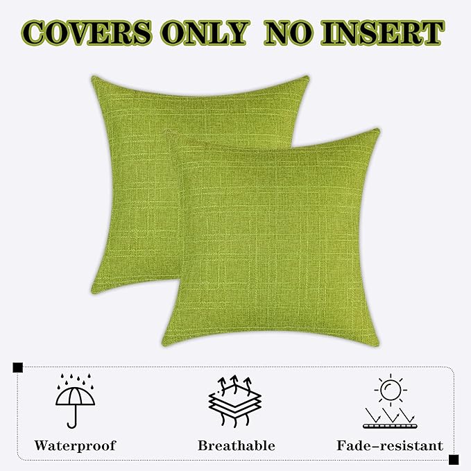 Kevin Textile Pack of 2 Decorative Outdoor Waterproof Pillow Covers Spring Checkered Garden Cushion Sham Throw Pillowcase Shell for Patio Tent Couch 16x16 Inch Green