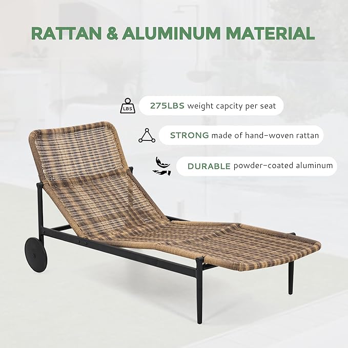 Chaise Lounge Chair Outdoor 2PCS - PE Rattan Wicker Patio Pool Lounge Chair with Cushion and Wheels, Aluminum Waterproof Lounger with Wood Side Table for Poolside Backyard Deck Porch