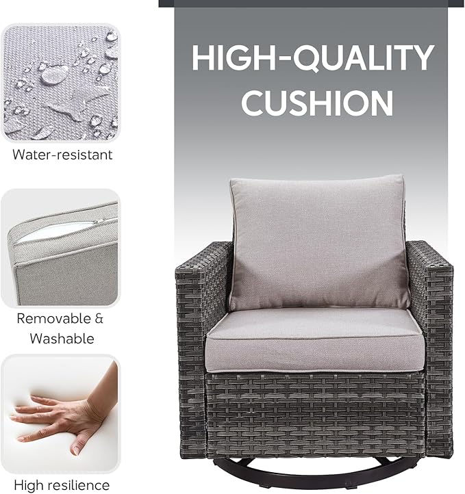 6 Piece Wicker Patio Furniture with Fire Pit Table - Outdoor Conversation Set with 50,000 BTU Fire Pit, All Weather Rattan Patio Set for Deck Backyard Garden - Grey Wicker Beige Cushion