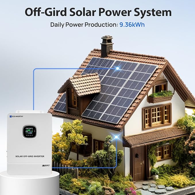 ECO-WORTHY 10KW Output 9.36KWH Off Grid Solar System Complete Kit for Home：12pcs 195W Solar Panels(2340W)+10KW 120V/240V Inverter + 2pcs 48V 100AH Lithium Batteries,for Whole Home Backup