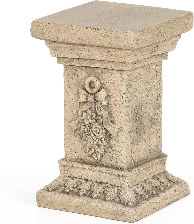 19" Tall Garden Pedestal Stand with Bow Design, Heavy Duty Magnesium Oxide Plinth, Weatherproof Outdoor Pedestal for Sculptures, Flower Pots, Decor – Sturdiness Plinth Base Statue Riser