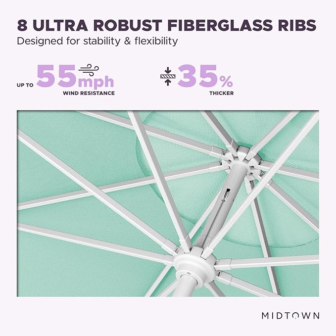 Midtown Umbrellas The Swilt 10 Feet Patio Umbrella in Sunbrella Canvas Glacier Acrylic Fabric - Fiberglass Ribs, Auto-Tilt Aluminum Frame For Backyard, Deck, Garden, Pool - White Pole