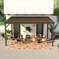 Domi 10’x14’ Wall-Mounted Hardtop Gazebo Pergola – Permanent Lean-to Outdoor Shelter with Sloped Galvanized Steel Roof & Upgraded Drainage – Grey Metal Patio Cover for Backyard, Deck, Garden, Brown