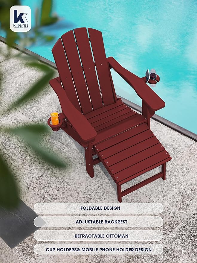 KINGYES Folding Adjustable Adirondack Chair with Ottoman & 2 Cup Holders Set of 2, HDEP Reclining Adirondack Chair with Footrest, Red