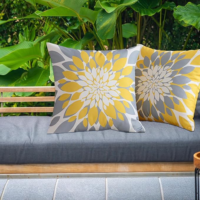 Qahing Pack of 4 Fall Outdoor Waterproof Pillow Covers 18x18 Decorative Outdoor Throw Pillows Garden Square Cushion Cases for Patio Furniture, Couch, Tent Sunbrella, Bench, Mustard Yellow Grey