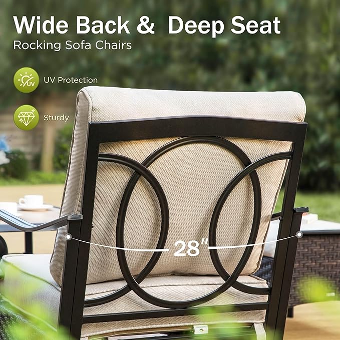 PHI VILLA Extra Large Outdoor Modern Patio Furniture Set, Upgraded Wicker&Metal Patio Furniture Conversation Set with Waterproof Thick Cushions for Porch, Poolside, Deck, and Yard(7 Pieces,Beige)