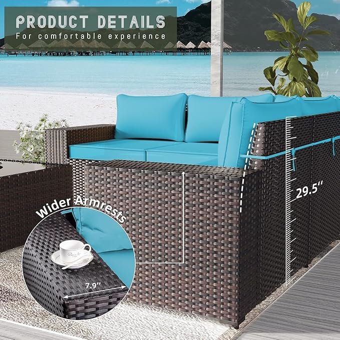 16 Pieces Outdoor Patio Furniture Set Outdoor Furniture Patio Sectional Sofa Conversation Sets w/ETL Approved 45" Gas Outdoor Fire Table & Coffee Table, Swivel Rocking Chair Turquoise.
