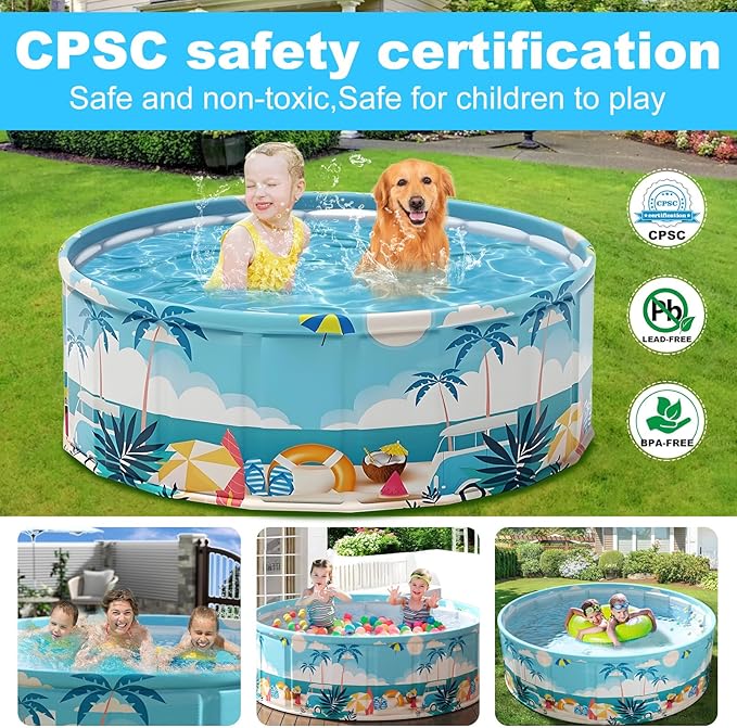 Foldable Swimming Pool for Kids 79"x18" Hard Plastic Portable Dog Pool Anti-Slip Collapsible Pets Bathtub Kiddie Pool Indoor Outdoor Backyard (Beach Party 79'')