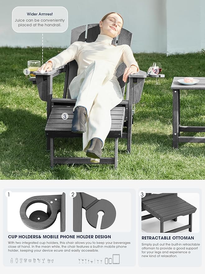 KINGYES Folding Adjustable Adirondack Chair with Retractable Ottoman, HDPE Weather Resistance Oversized Outdoor Chair with Cup Holder, Wood-Like Reclining Versatile Adirondack Chair, Grey