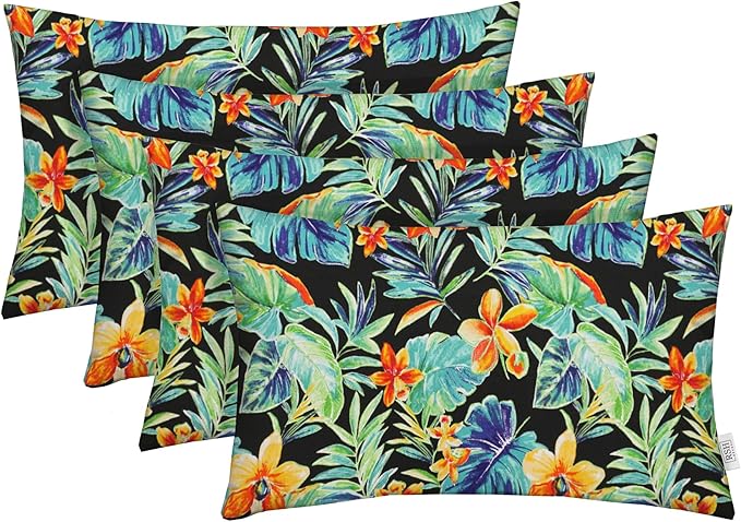 RSH Décor - Jumbo Lumbar Throw Pillows – Set of 4 | 26" x 16" | Outdoor Use – Patio, Lounge, Adirondack, Deck | Water & Fade-Resistant | Includes Down-Alternative Inserts | Beachcrest Caviar
