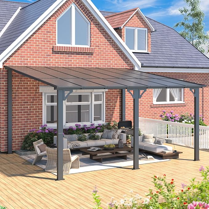 AECOJOY 14' x 12' Gazebo Outdoor Pergola for Patio, Large Wall-Mounted Hard Top 12x14 Lean to Metal Gazebo Shelter Pergolas and Gazebos Clearance with Patio Roof, Heavy Duty Awnings for Patio, Decks