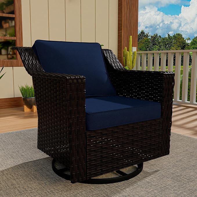 Vista Vibe Outdoor Patio Deep Seat Luxurious Chair - 360 Degree Swivel Glider Rocker Chair with Washable Cushions, Hand-Woven & All-Weather PE Rattan, Balcony, Yard (Brown/Navy)