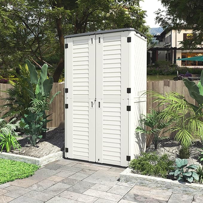 HOMSPARK Storage Shed Weather Resistance, Multi-Purpose Outdoor Storage Cabinet Waterproof, Outdoor Storage Cabinet for Garbage Cans, Lawnmower, Garden Accessories (White, Tall shed-53 cu ft)