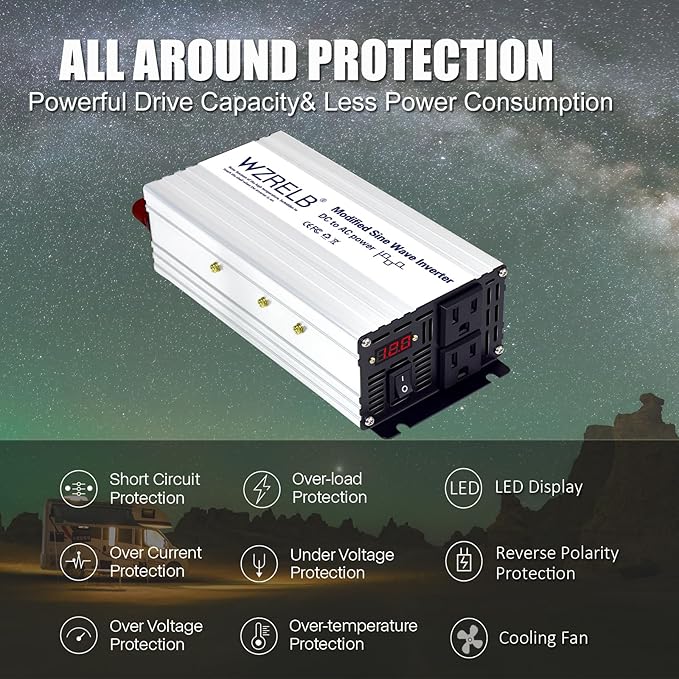 WZRELB 1200W Power Inverter 12V DC to 110V 120V AC,2400W Peak Modified Sine Wave Car Inverter with LED Display,Dual AC Outlets,Soft Starter,Off-Grid Power Converter with High Efficiency up to 90%