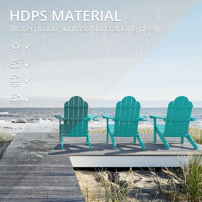 LUE BONA HDPS Adirondack Chairs Set of 2, Fire Pit Outdoor Chair Weather Resistant with Cup Holder, Modern Plastic Chair Plastic for Patio, Deck, Proch, 350LBS, Aruba Blue