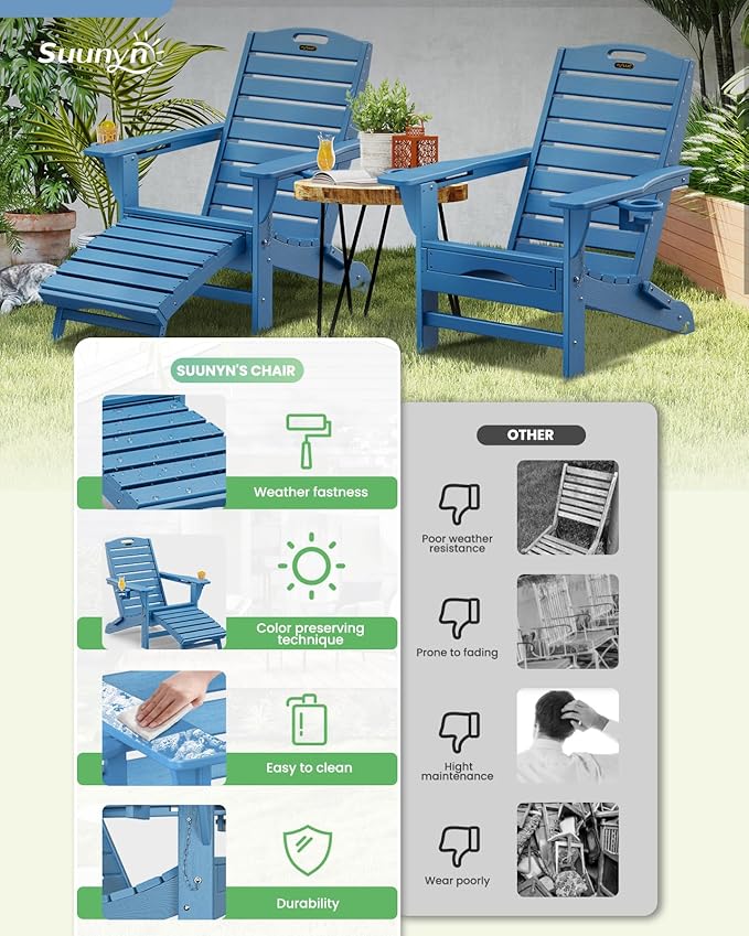 Folding Adirondack Chair with Retractable Ottoman Weather Resistant Fire Pit Chair Patio Chair with 2 Cup Holder Lawn Outdoor Lounge Chair (Navy Blue)