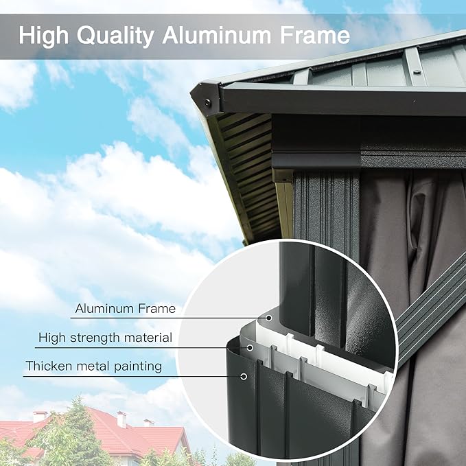 Domi 10’ x 10’ Hardtop Gazebo Metal Frame Canopy with Netting & Curtains, Outdoor Permanent Metal Pavilion with Galvanized Steel Double Roof for Patio Lawn and Garden, Gray