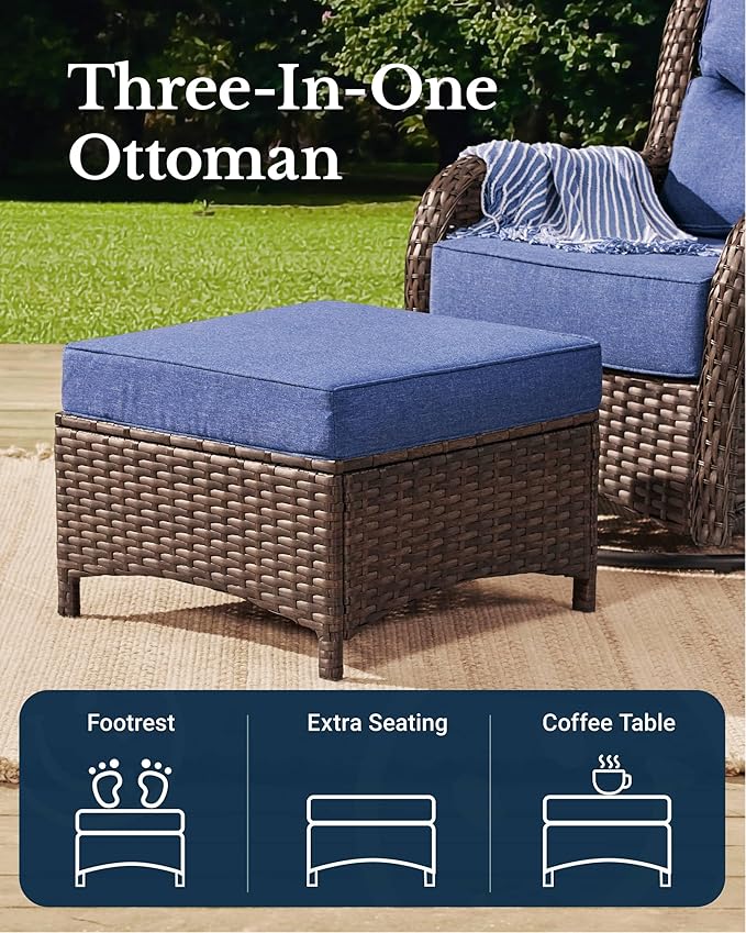 HILLGA Luxury Patio Furniture Set with 6-inch Thick Cushion, Outdoor Couch and High Back Swivel Rocker Patio Chairs, 6PCS Wicker Conversation Set for Deck Yard and Poolside, Blue (V2)
