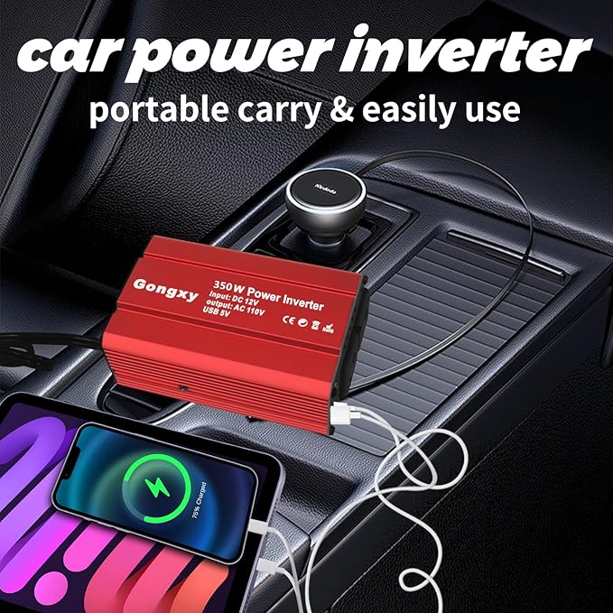 350W Power Inverter for Vehicles, 12V to AC 110V Car Inverter Converter， Charger Plug Suit for USB QC 3.0, PD(65W), Car Charger Adapter for Road Trip and Camping