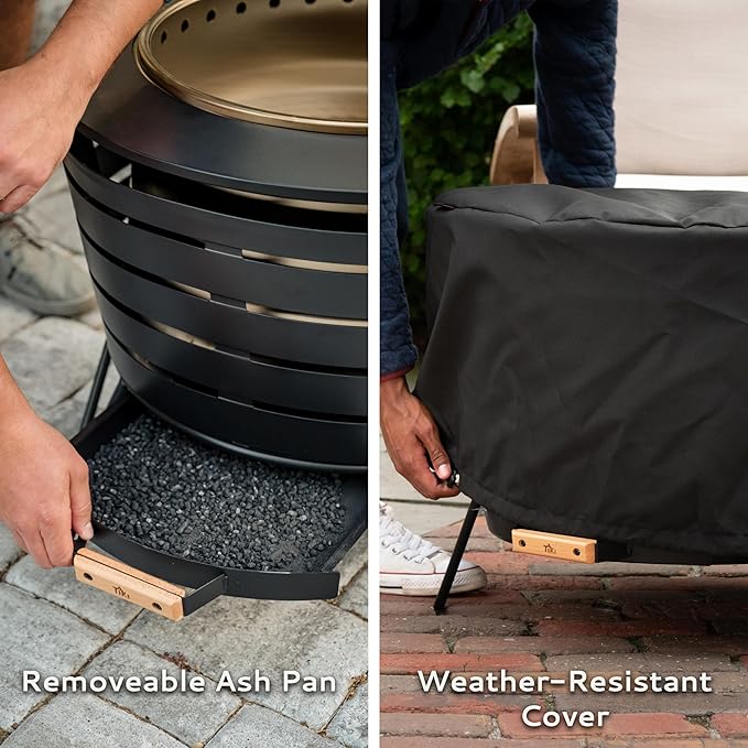 TIKI Patio Fire Pit Bundle – 25-Inch Smokeless Wood Burning Outdoor Fire Pit for Backyard, Patio, Deck & Garden with Removable Ash Pan, Stand & Weather-Resistant Cover – Modern Black Stainless Steel