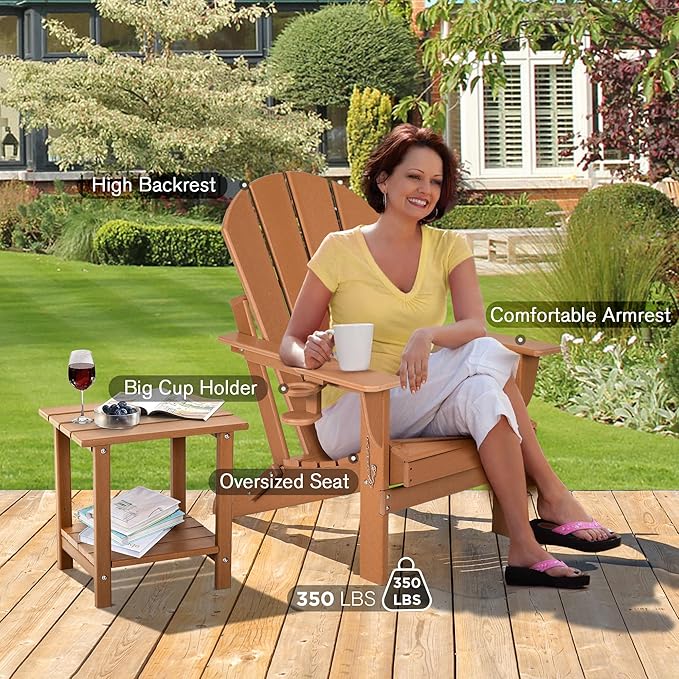 nalone Folding Adirondack Chair with Cushion with Cup Holder, HDPE Plastic Oversized Patio Chair Weather Resistant, Used in Outdoor, Fire Pit, Deck, Garden, Campfire Chairs (Teak)