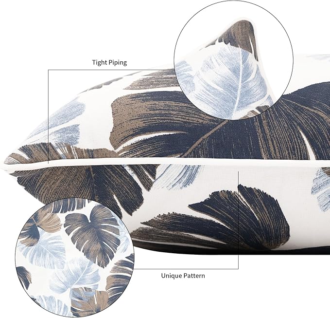 2 Pack Outdoor Throw Pillows 21x15 Inch Water-Resistant Decorative Pillow Cushions with Insert for Patio Garden Porch, Blue Leaves