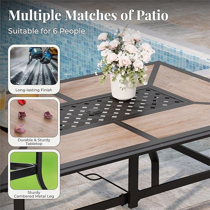 Outdoor Patio Dining Set 7 Piece Furniture Set with 6 Red Chairs and Wood-Like Table Top Rectangular Table for Deck Garden Backyard Lawn Poolside