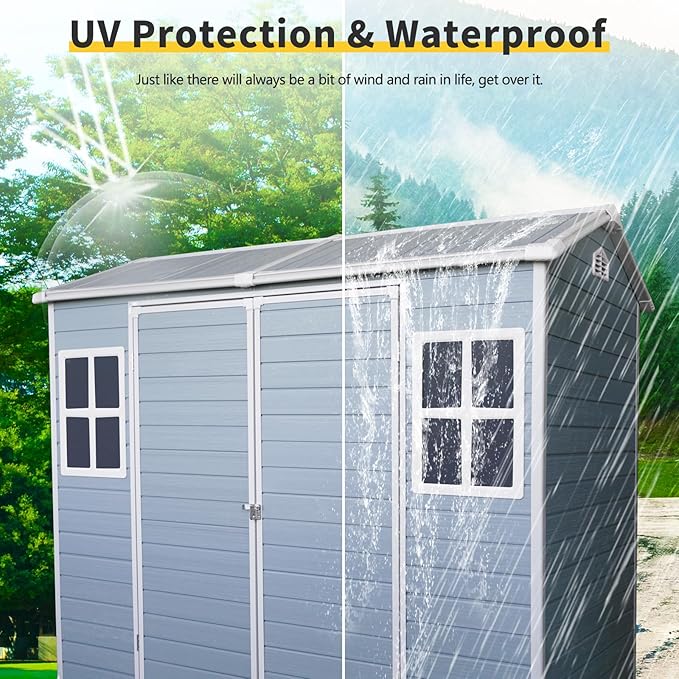 8 x 4 FT Outdoor Storage Shed, Outdoor Resin Shed with Two-Window and Double-Door, Plastic with Floor for Gargen, Patio, Yard, Lawn (Gray)