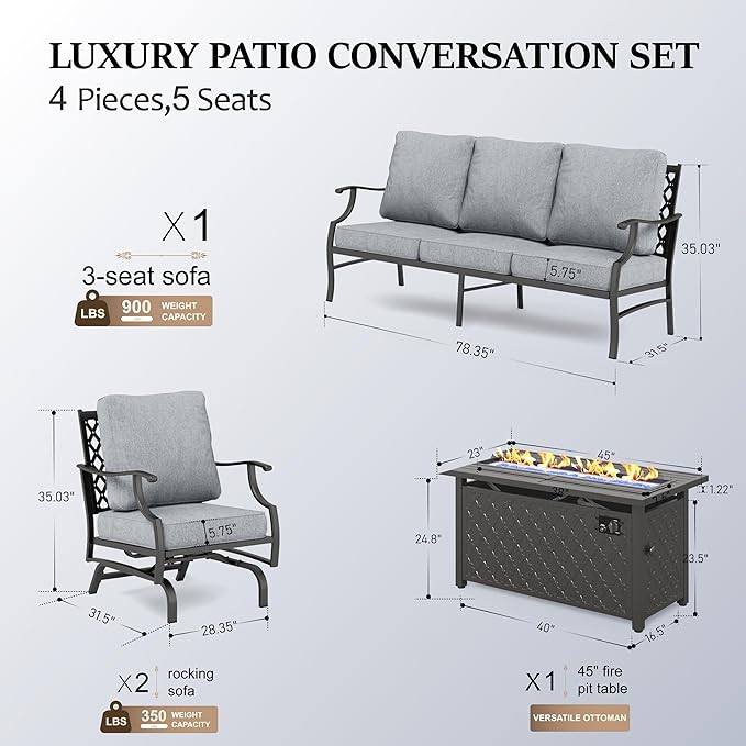 HERA'S HOUSE 4 Pieces Patio Furniture Set with Fire Pit Table, 2 x Rocking Chair, 3-Seat Sofa with 45" Fire Pit Table, Outdoor Conversation Set for Garden Poolside Backyard, Grey