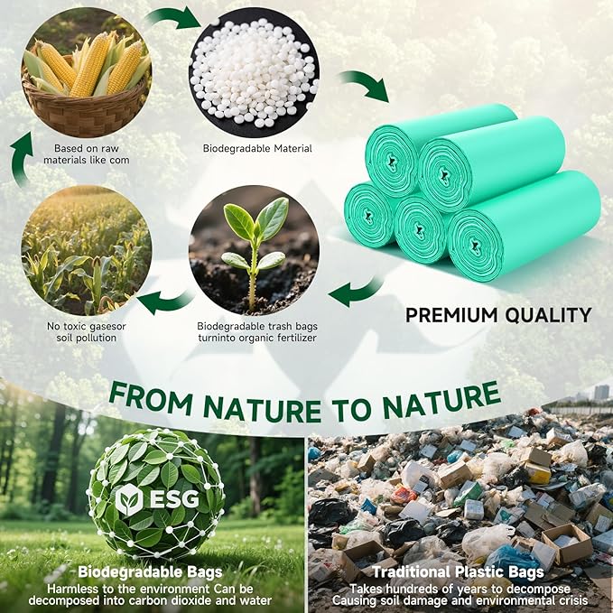 2 Gallon Mini Green Trash Bag - Small Garbage Bags For Bathroom Can 100 Count 7.5 Liter Unscented Compostable Biodegradable Tiny Little Waste Basket Liners Kitchen Car Office Strong Thick Heihaily