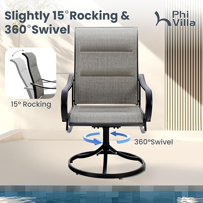 PHI VILLA 5 Piece Patio Dining Set with 4 Padded Outdoor Swivel Dining Chairs and 37"x 37" Metal Steel Dining Table with Umbrella Hole, Outdoor Dining Table and Chairs Set for Deck Pool Lawn