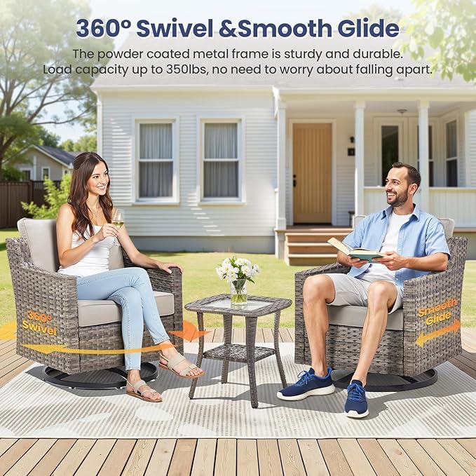 Patio Furniture Set, 9 Pieces Outdoor Wicker Rattan Sofa Couch with Swivel Rocking Chair, Side Table, Ottomans and Comfy Cushions, All Weather Patio Conversation Sets, Suit for Porch Deck