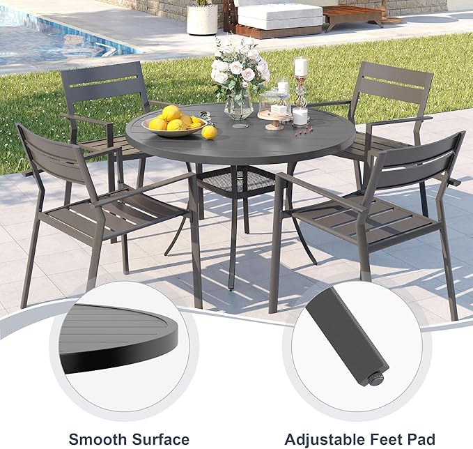 VICLLAX 40.6" Round Metal Outdoor Dining Table for 4, Patio Table with Umbrella Hole and Storage Shelf for Garden, Lawn, Deck, Dark Grey