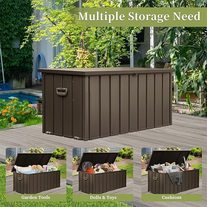 Metal Storage Box for Outdoor Dark Brown Lockable Water-Resistant Deck Box for Patio Garden Tools Organization Rust-Resistant Heavy-Duty Outside Storage Box (200 Gallon)