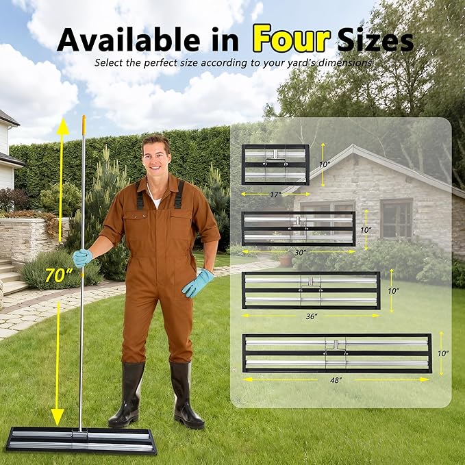 30"x10"Lawn Leveling Rake with Aluminum Rollers, Stainless Steel Yard Lawn Leveler Tool with Adjustable Long Handle, Yard Leveling Rake Suit, Levelawn Tool for Soil, Grass, Golf Course, Garden, Farm