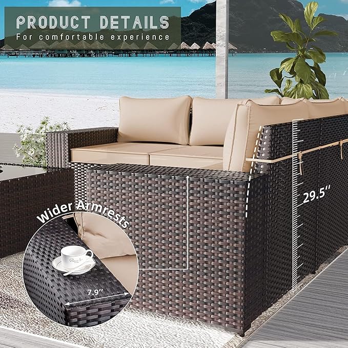 Outdoor Patio Furniture Set with Propane Fire Pit Table, 7 PCS Outdoor Furniture Patio Sectional Sofas Conversation Sets w/ETL Approved 43" Gas Outdoor Fire Table & Coffee Table Brown.