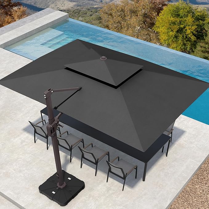10' X 13' Patio Umbrella with Base Included Outdoor Large Rectangle Offset Cantilever Umbrellas Double Top Heavy Duty Windproof with 360-degree Rotation for Pool Garden Deck
