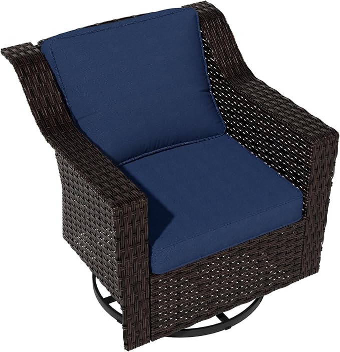 Vista Vibe Outdoor Patio Deep Seat Luxurious Chair - 360 Degree Swivel Glider Rocker Chair with Washable Cushions, Hand-Woven & All-Weather PE Rattan, Balcony, Yard (Brown/Navy)
