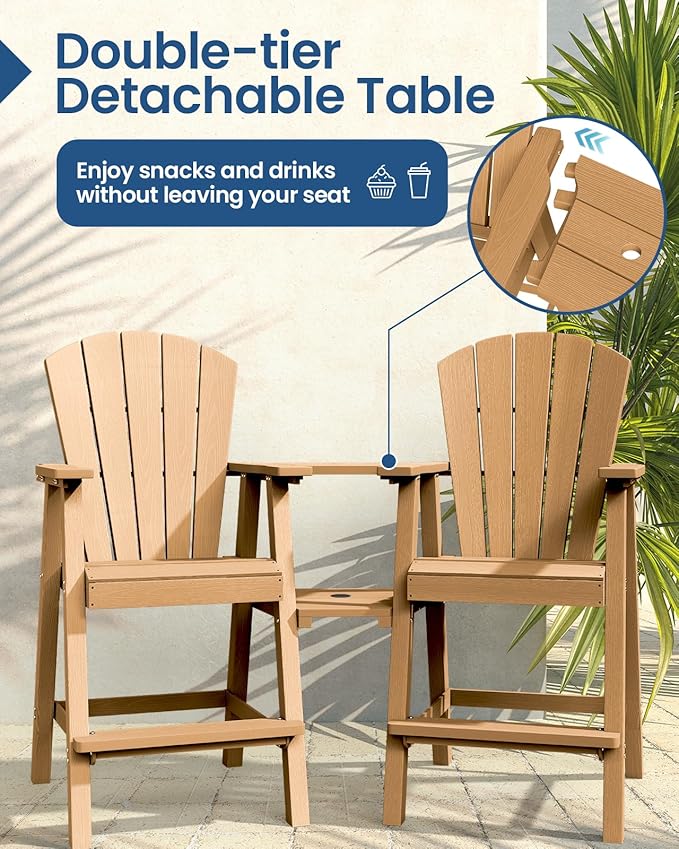 Ciokea Tall Adirondack Chairs Set of 2, HDPE Outdoor High Back Adirondack Chair with Double Connecting Tray, Weather Resistant Balcony Chairs for Deck, Lawn, Pool, Backyard, Teak