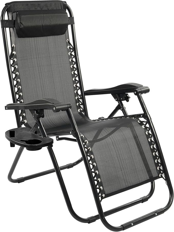 Elevon Zero Gravity Chair with Cup Holder & Removable Pillow, Adjustable Reclining Outdoor Patio Folding Chairs for Adults Portable Lounge Chair Furniture for Poolside, Lawn, Beach, Camping, Black