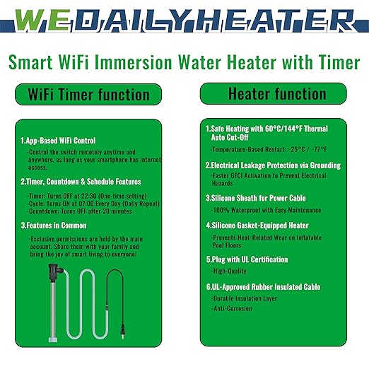 2000W Fully Submersible Water Heater for Swimming Pool & Bathtub – Portable Immersion Electric Heater with Temp Control & WiFi Timer for Hot Tub, Above Ground Pool and Inflatable Pool