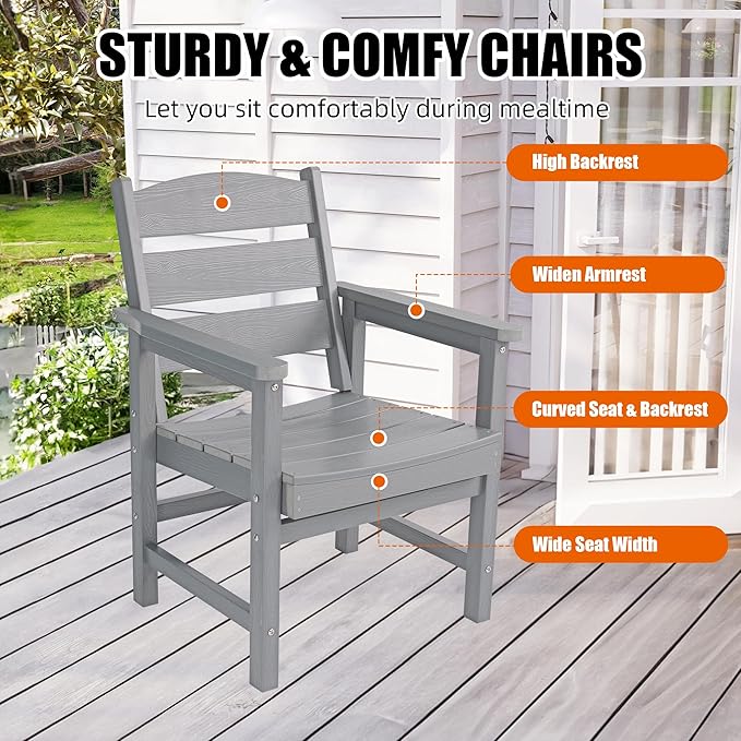 3-Piece HIPS Patio Dining Set, Outdoor Dining Table and Chairs Set with Umbrella Hole, Weatherproof Dining Table Set for 2 Person, Patio Furniture Set for Outside Deck, Grey