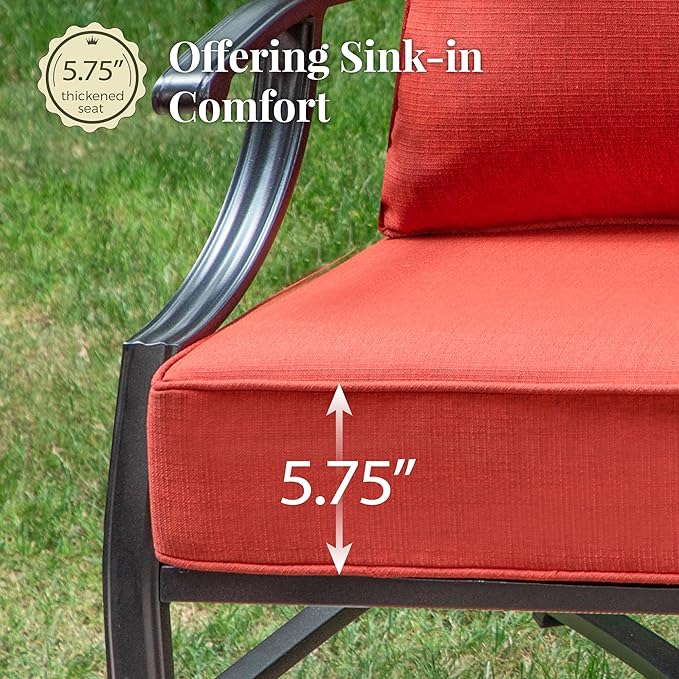 Patio Furniture Set, 6 Pcs Metal Outdoor Conversation Set, 2 Rocker Chairs, 2 Ottomans and 3 Seater Sofa with 5.75" Extra Thick Cushion and Gas Fire Pit Table, Red