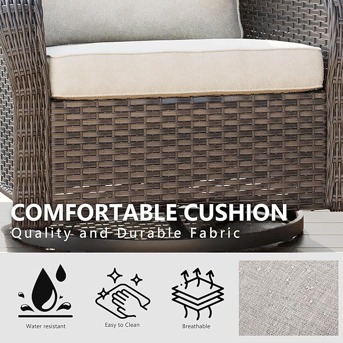 Wicker Swivel Rocking Chairs Set 2 with Storage Side Table - Outdoor Brown Wicker Swivel Glider Chair Outdoor Rocking Chair with Water-Resistant Cushions, Beige